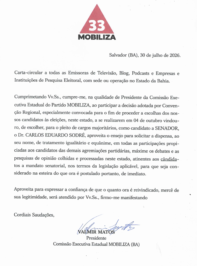 Mobiliza cobra inclusão de Carlos Sodré em pesquisas para o Senado na Bahia